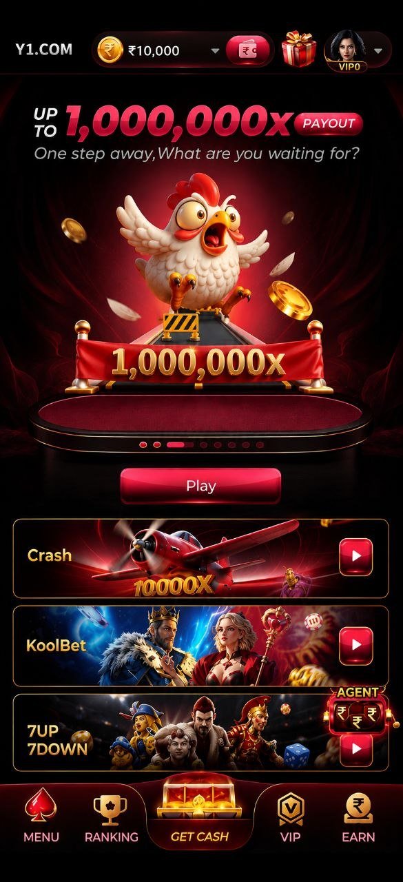 Y1 game app screen showing the lobby, live payout ticker and slot promotions