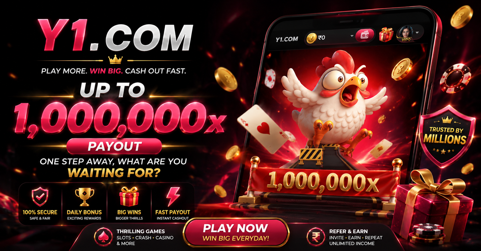 Y1 Game promotion banner: play more, win big, cash out fast — up to 1,000,000x payout, welcome package up to ₹10,000